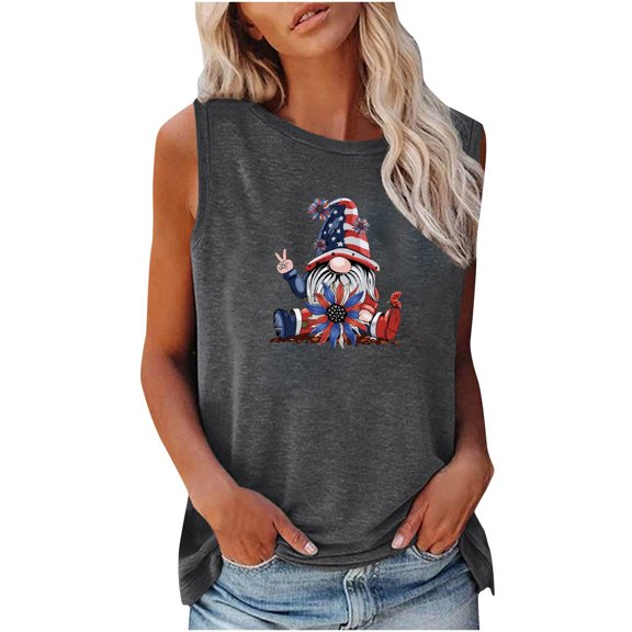 Usmisi 4th of July Tank Tops Comfy Breathable Loose Fit Patriotic Tshirts Vest Womens Fashion Independence Day Gnome Print Crewneck Sleeveless Summer Blouses Dark Gray s