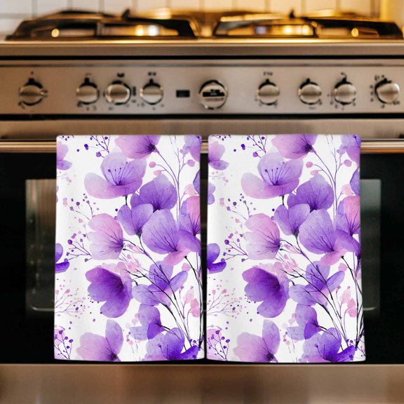 Purple Flowers Kitchen Towels Set of 3, Spring Blooms Botanicals Watercolor Floral Absorbent Dish Towels for Kitchen, Microfiber Hand Towel, Quick Drying Tea Towel for Cleaning Decorative Dishcloths