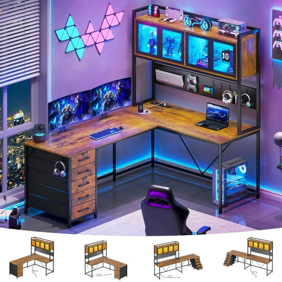 L Shaped Gaming Desk with Drawers, L Shaped Computer Desk with Hutch and Storage Shelves, Gaming Desk with Pegboard, Led Lights, and Power Outlet, Home Office Desk, Corner Desk, Rustic Brown