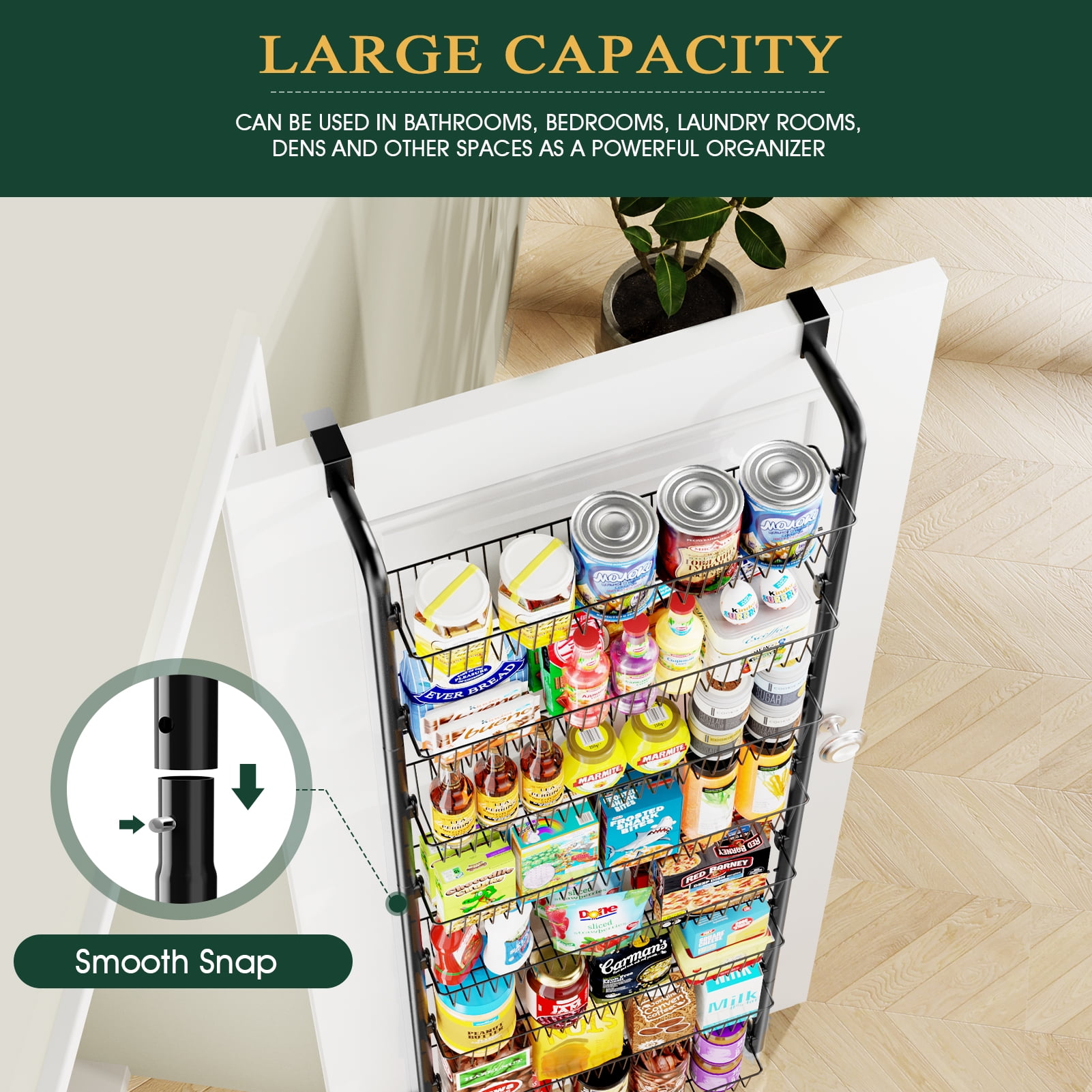 Yeabett 8-Tier Over the Door Pantry Organizer, Larger Baskets Metal Pantry Organization and Storage, Door Back Hanging Space Saver for Kitchen, Laundry, Bathroom, Black