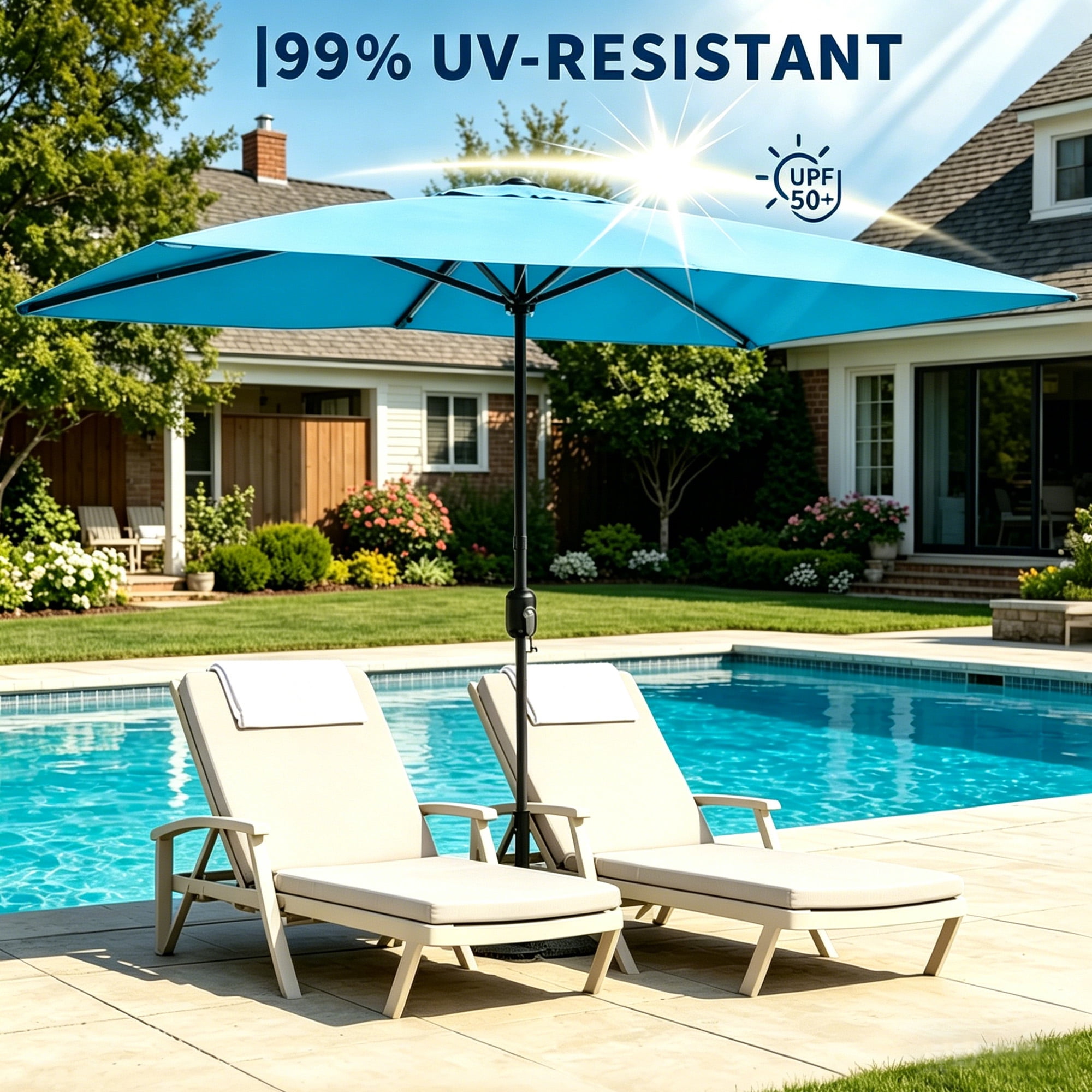 Kool 10x6.5ft Rectangular Patio Umbrella with Crank Handle, Outdoor Market Umbrella with 6 Sturdy Umbrella Ribs, Waterproof, Aqua