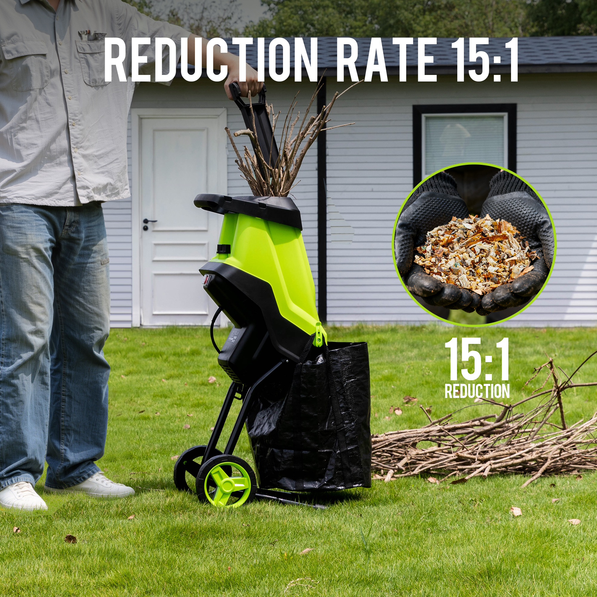 Steelite Electric Wood Chipper Shredder,15-Amp Corded Leaf Mulcher with 45L Collection Bag, 1.75 Inch Cutting Diameter,Wood Chippers, Shredders, & Mulchers
