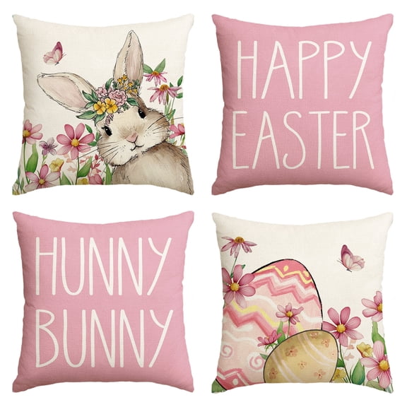 Sm:)e Hunny Bunny Pink Easter Throw Pillow Covers, 18 x 18 Inch Easter Eggs Bunny Spring Cushion Case for Sofa Couch Set of 4