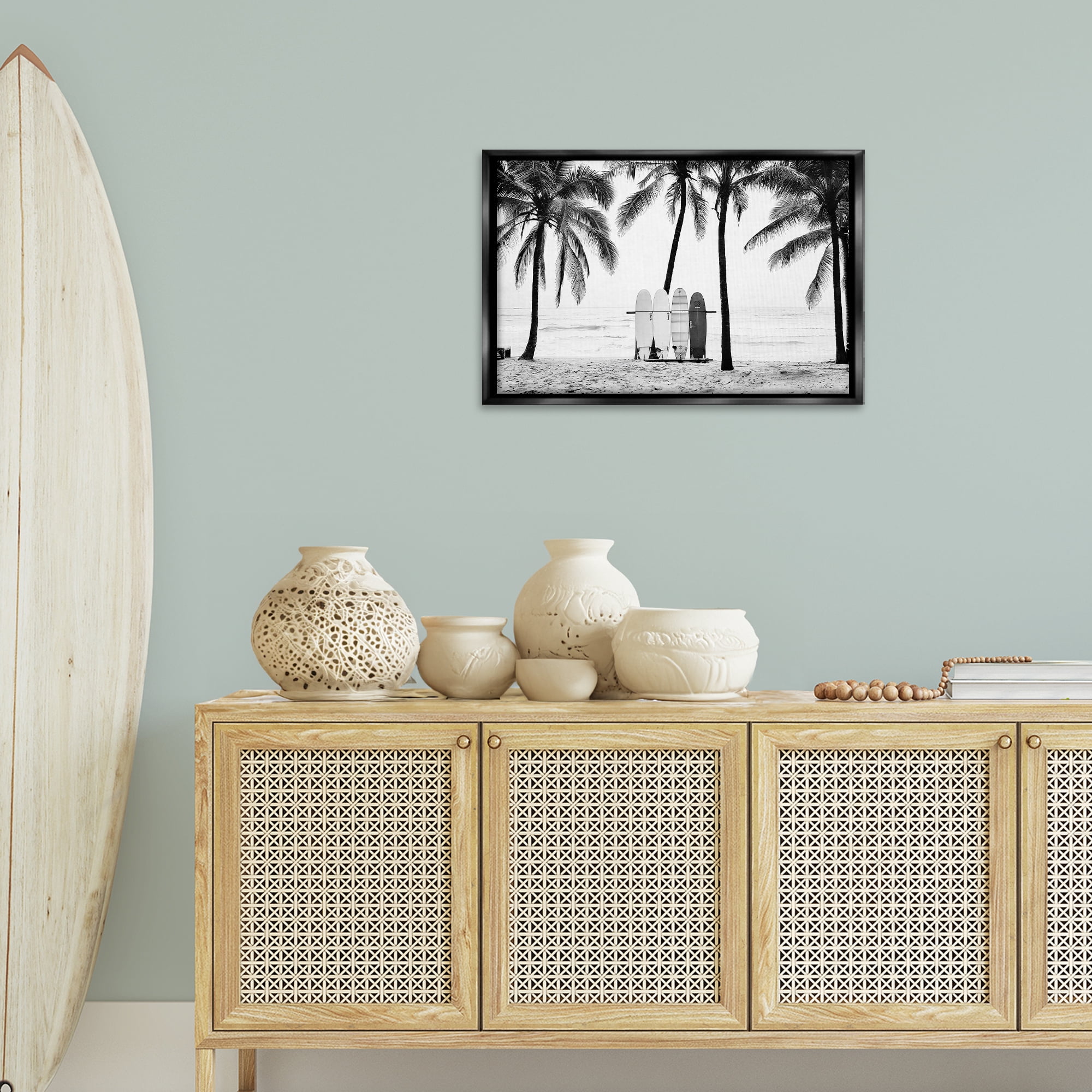Stupell Industries Centered Surf Boards View Nautical & Beach Photography Black Floater Framed Canvas Art Print Wall Art, 25 x 17
