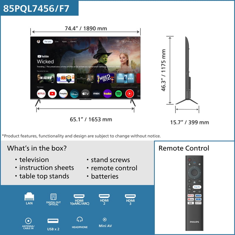Philips 85" Class QLED 4K UHD (2160p) Google Smart TV (85PQL7456/F7) color options