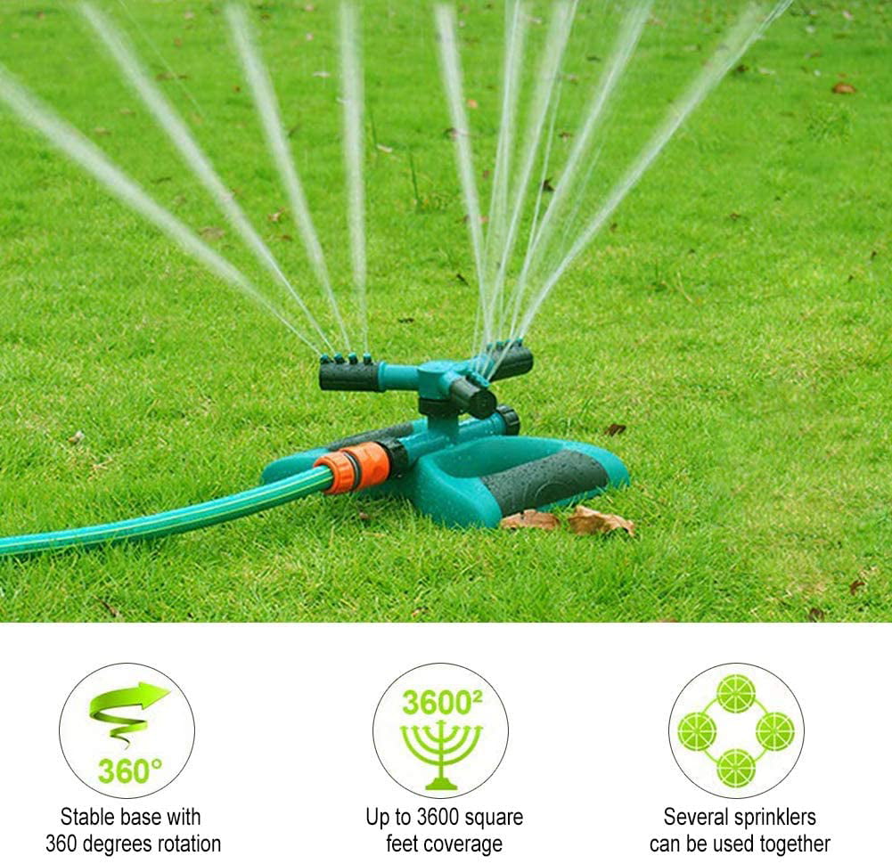 Tvoip Lawn Sprinkler Automatic 360 Rotating Adjustable Garden Water Sprinklers Lawn Irrigation System Covering Large Area with Leak Free Design Durable 3 Arm Sprayer Easy Hose Connection 