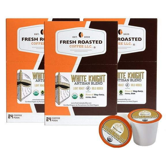 Fresh Roasted Coffee, Organic White Knight Coffee Pods, Light Roast, K-cup Compatible, 72 Count