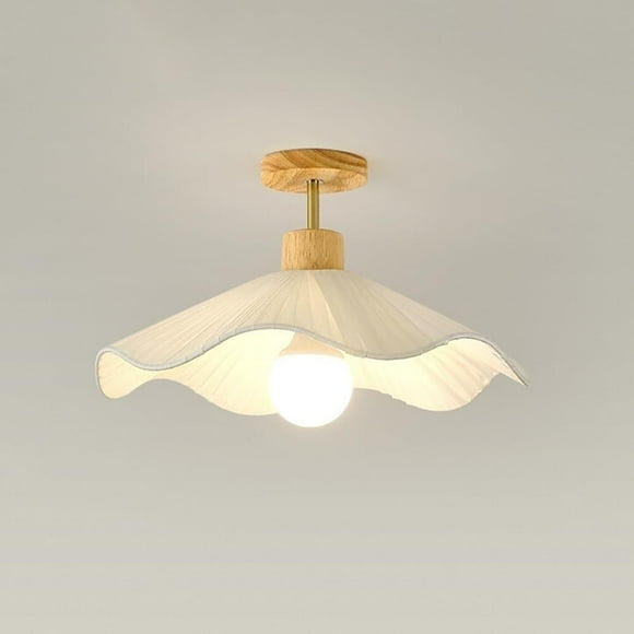 Modern Nordic Chandelier Semi Flush Mount Ceiling Light with White Pleated Fabric Shade, 15.7 Inch Wood Light Fixtures Ceiling Mount for Bedroom, Kitchen, Foyer, Living Room, E27