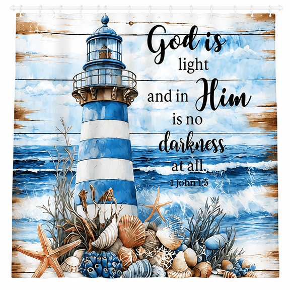 Nautical Lighthouse Shower Curtain, Christian Bible Verse God is Light 1 John 1:5, Ocean Beach Seashell Coastal Theme Waterproof Fabric Bathroom Curtain with Hooks, 69x70 Inches