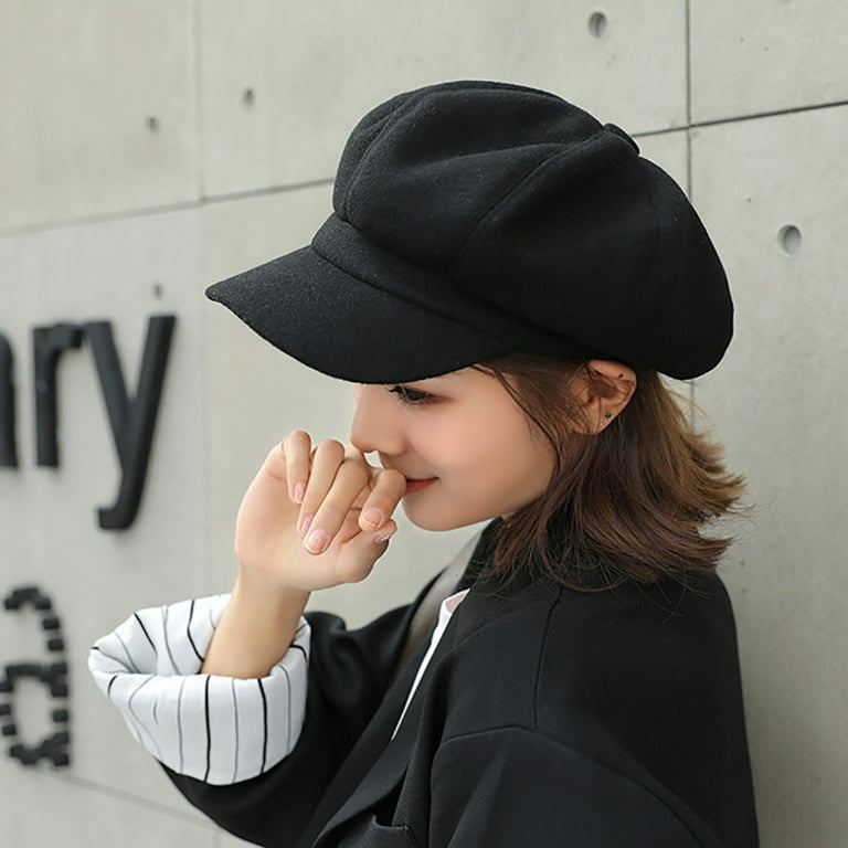 LINASHI British Style Beret Hat, Classic Wide Brim Solid Color