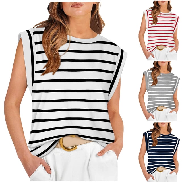 JDQJBZ Débardeurs Grande Taille pour Femmes Tenues de Mode Printemps Col Rond Manches Courtes Rayées