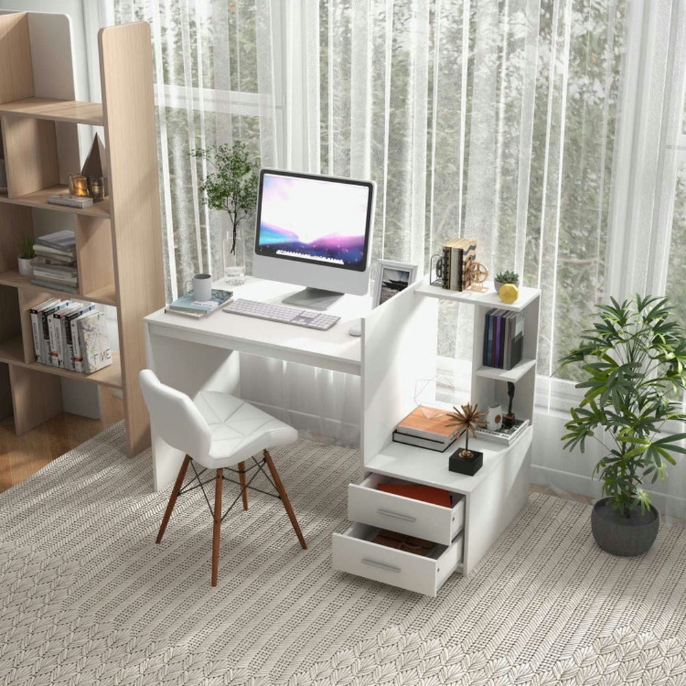 Demi Bonn Computer Desk Home Office with Bookshelf and Drawers, Small Home Office Desk Study Writing Table, White