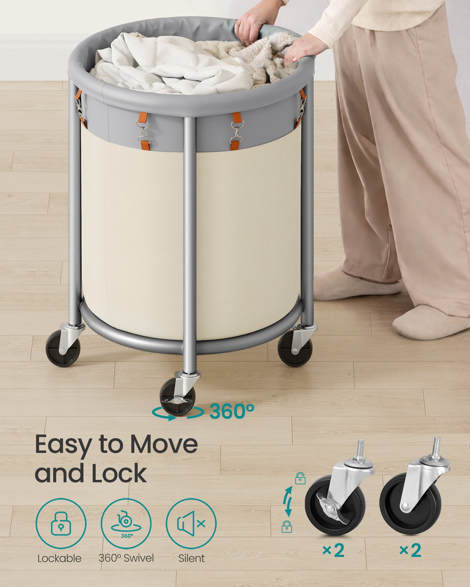 SONGMICS 29-Gallon (110 L) Laundry Basket with Wheels, Rolling,with Steel Frame and Removable Bag, 2 Locking Wheels, Dove Gray and Cream White