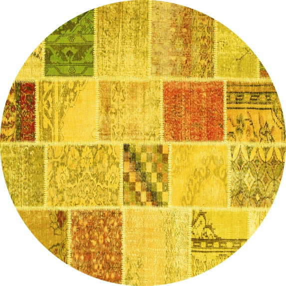 Ahgly Company Machine Washable Indoor Round Patchwork Yellow Transitional Area Rugs, 7' Round