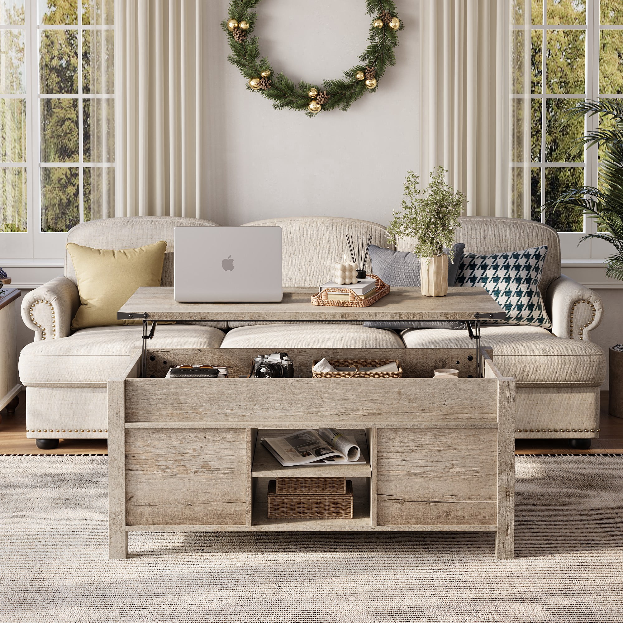 Keywhat 48" Farmhouse Lift Top Coffee Table with Sliding Barn Door and Hidden Storage Compartment for Living Room, Office, Light Rustic Oak