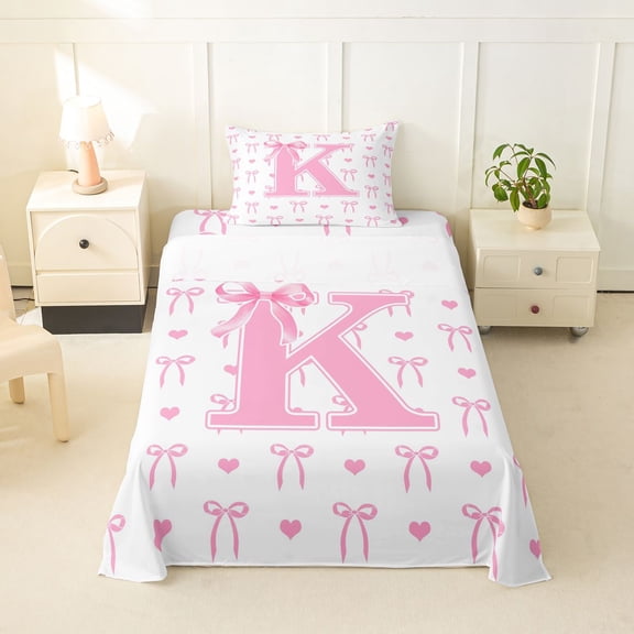 Feelyou Pink Bowknot Monogrammed K Twin Sheets for Kids, Kawaii Love Heart Print Bedding, 3pcs, 1 Flat Sheet, 1 Fitted Sheet and 1 Pillowcase