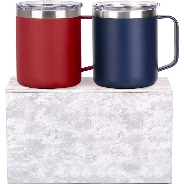 14 oz Coffee Mug Set, Vacuum Insulated Camping Mug with Lid, Double Wall Stainless Steel Travel