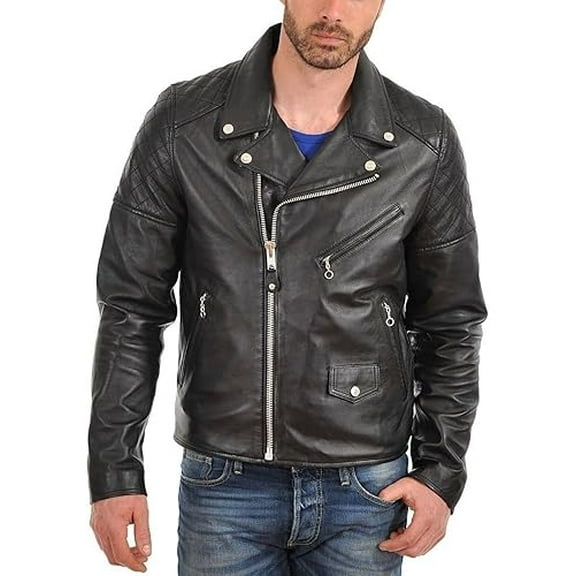 Men's Genuine Black Lambskin Leather Jacket Motorcycle Biker Jacket A439