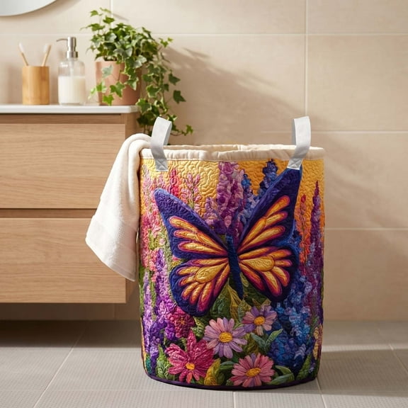 Cozy Homey Butterfly Print Laundry Basket,Easy-Clean Quilted Fabric Storage Bin with Canvas Handles for Dirty Clothes in the Laundry Room,20"x28"