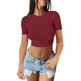 thumbnail image 2 of V Neck Crop Top Yigetop Womens Short Sleeve Going Out Crop Tops Crew Neck Casual Basic Tight Tees Shirt Short Sleeve Crop Tops For Women Wine Xl, 2 of 5