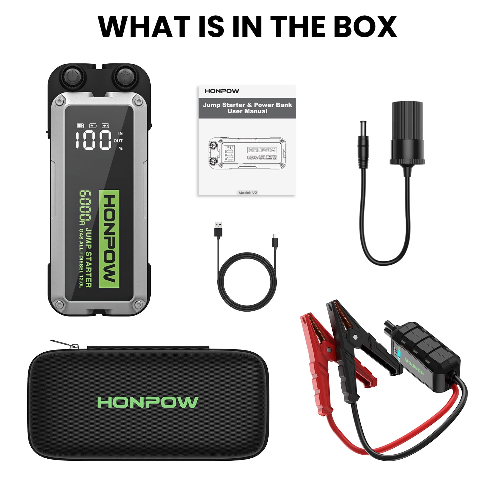 Honpow Car Battery Jump Starter 6000A Peak 28000mAh Powerful 12V Portable Jump Box (for All Gas or up to 12L Diesel) with USB, Type-C Quick Charge, DC Output, LED Light