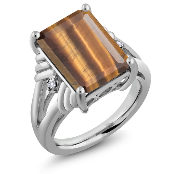 Gem Stone King 925 Sterling Silver Brown Tiger Eye and White Created Sapphire Engagement Ring for Women (6.53 Cttw, Gemstone Birthstone, Emerald Cut 14X10MM, Size 9)