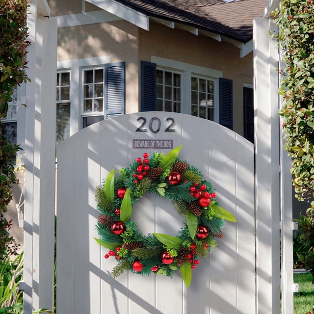Colgante De Puerta Corona navideña de bolas de bayas con piñas y bolas verdes, 40 cm, decoración para Rkxzt