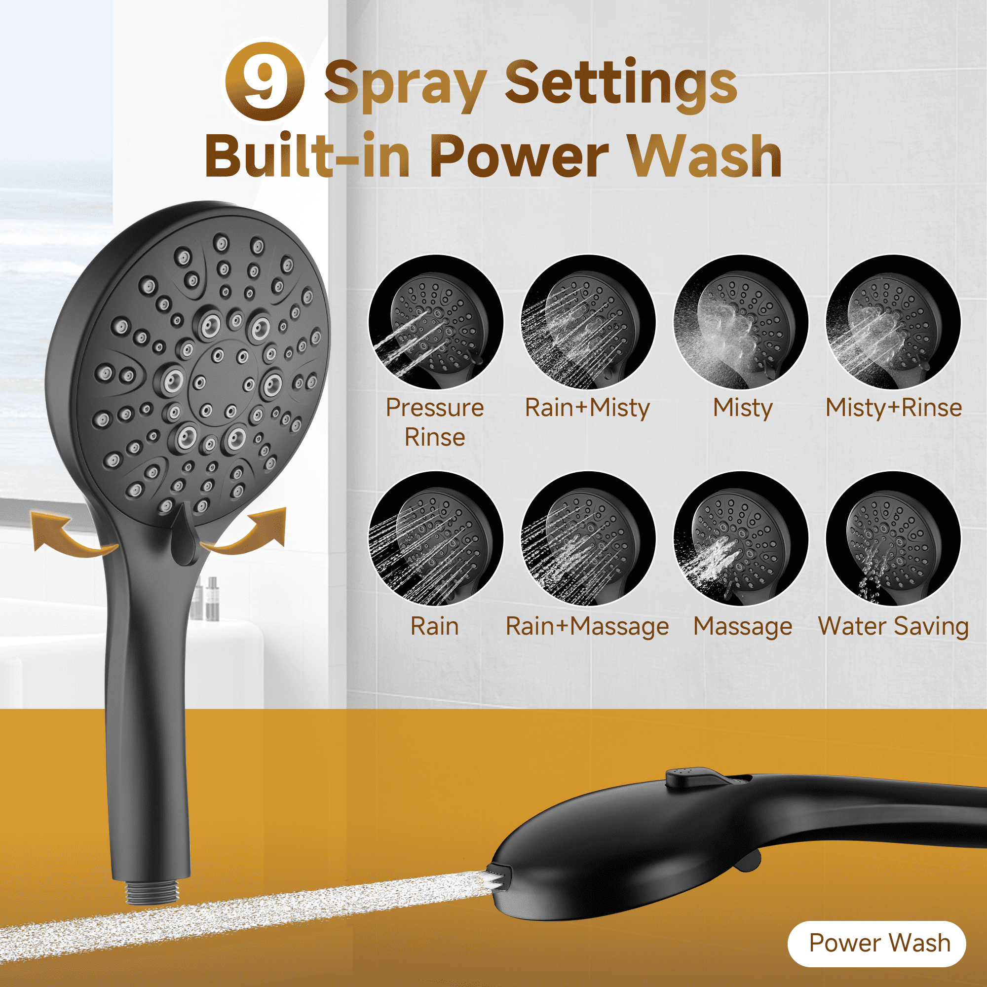 Bright Showers Rain Shower Heads System, Rainfall & Handheld Shower Combo with Height Adjustable Holder, Solid Brass Rail, 60" Long Hose, Chrome