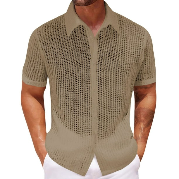 Camisa Elvqul Hombre de Color Sólido Manga Corta Playa Solapa Algodón Caqui