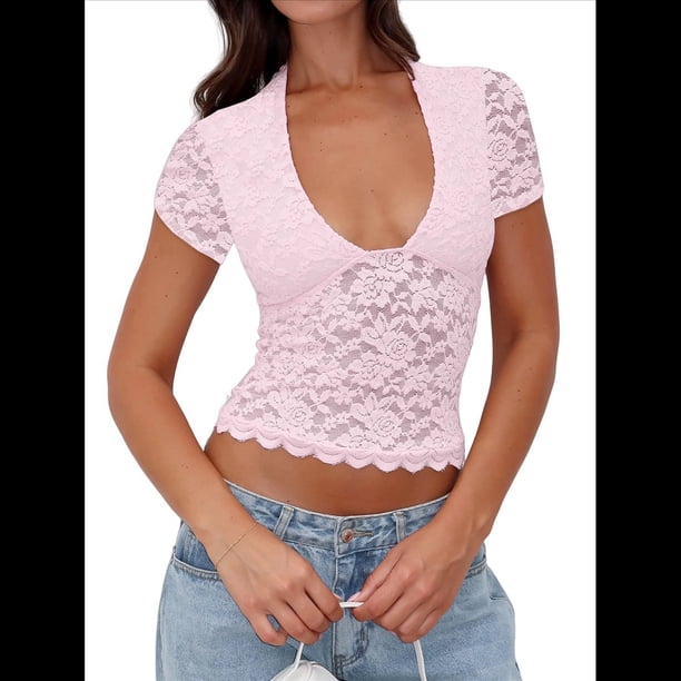 Camisa de Corta de Encaje para Mujer, Corte Bajo, Estilo Y2K, Corte Entallado, Ideal para Salir, Discotecas y Conciertos Rosa XL