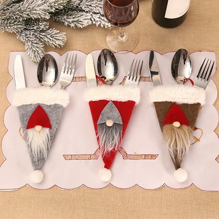

Gwong Christmas Hat Faux Fur Cutlery Storage Bag Knife Fork Pouch Dinner Table Decor