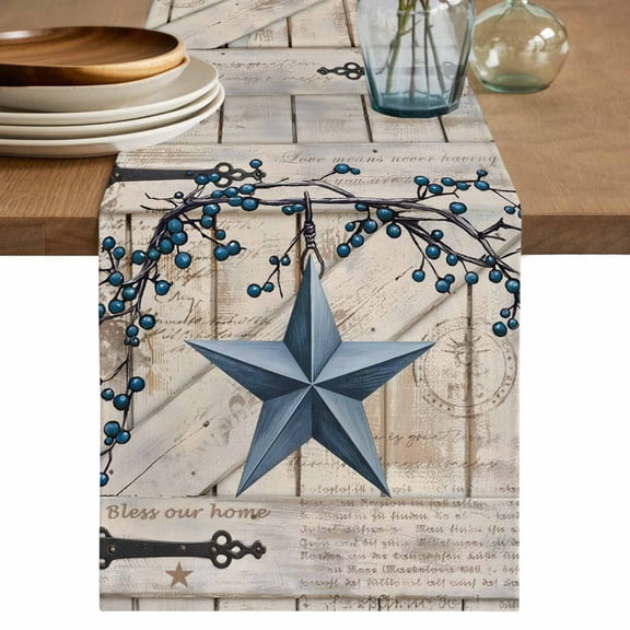 Texas Star Vintage Cotton Linen Table Runner for Dining Kitchen, Retro Navy Blue Berry Wooden Wedding Outdoor Party Tablerunners Decoration, Dresser Scarf Coffee Tablecloth Runners 13x48 Inches