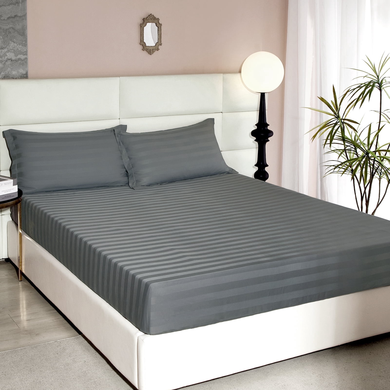 Lidoloka Luxury 100% Bamboo Bed Sheets Set King Size 4Pcs for Adult,16"Deep Pocket,Striped Gray