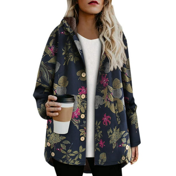 Wodstyle - Women's Plus Size Floral Fur Loose Hooded Buttons Warm ...