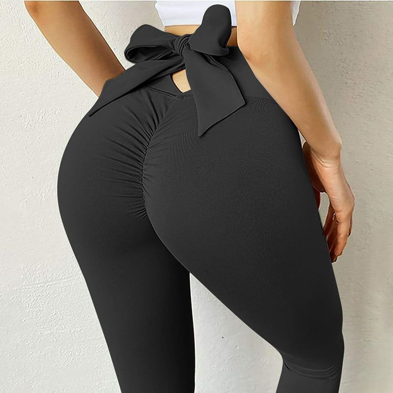 Abcnature Yoga Pants for Women with Pockets, High Waisted Athletic Running Workout  Leggings 7/8 Length, Ladies Hip Lifting Elastic Leggings with Bow Black L 