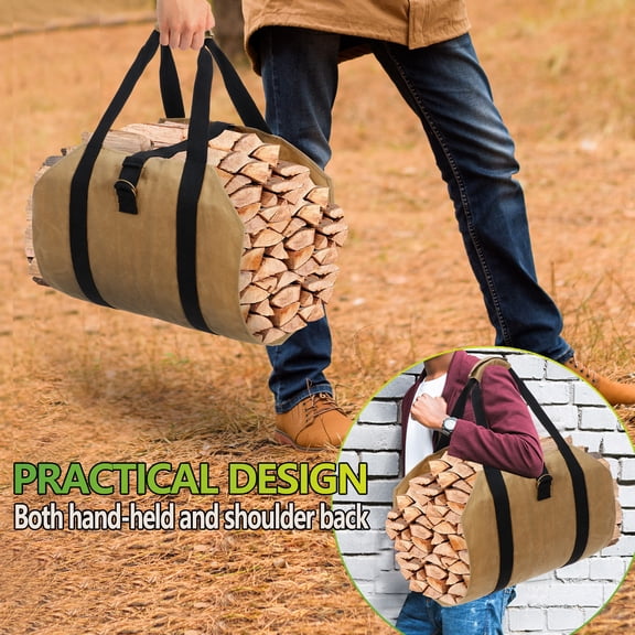 HomGarden Waxed Canvas Firewood Log Carrier W/Security Strap - 37"x17.3" Fireplace Wood Holder Tote Bag
