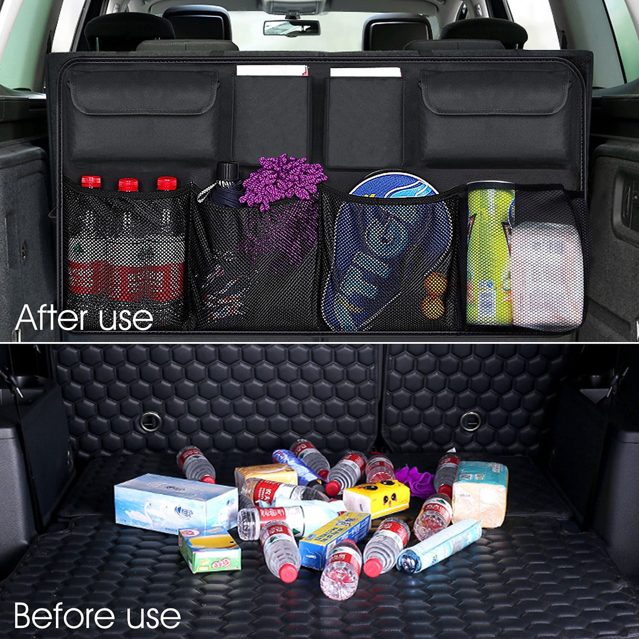 Leather Hanging Trunk Organizer for Car SUV – Large Waterproof Backseat Storage Bag with Multiple Compartments, Foldable Car Storage Organizer
