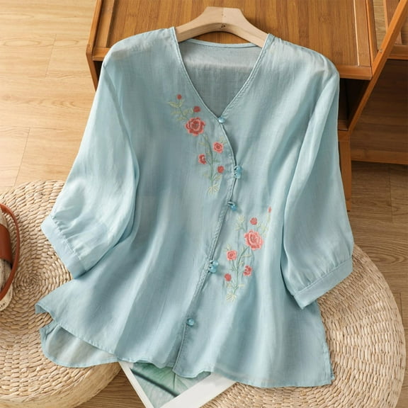 Ounisa Women V Neck Linen Tshirts Women Summer Fall 3/4 Sleeve Relaxed Fit Embroidered Button Tee Shirt Tops