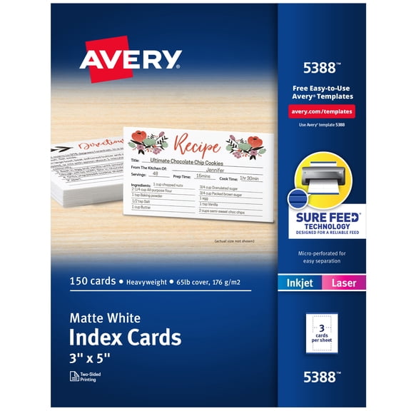 Avery Index Cards with Sure Feed, 3" x 5", White, 150 Count (5388)