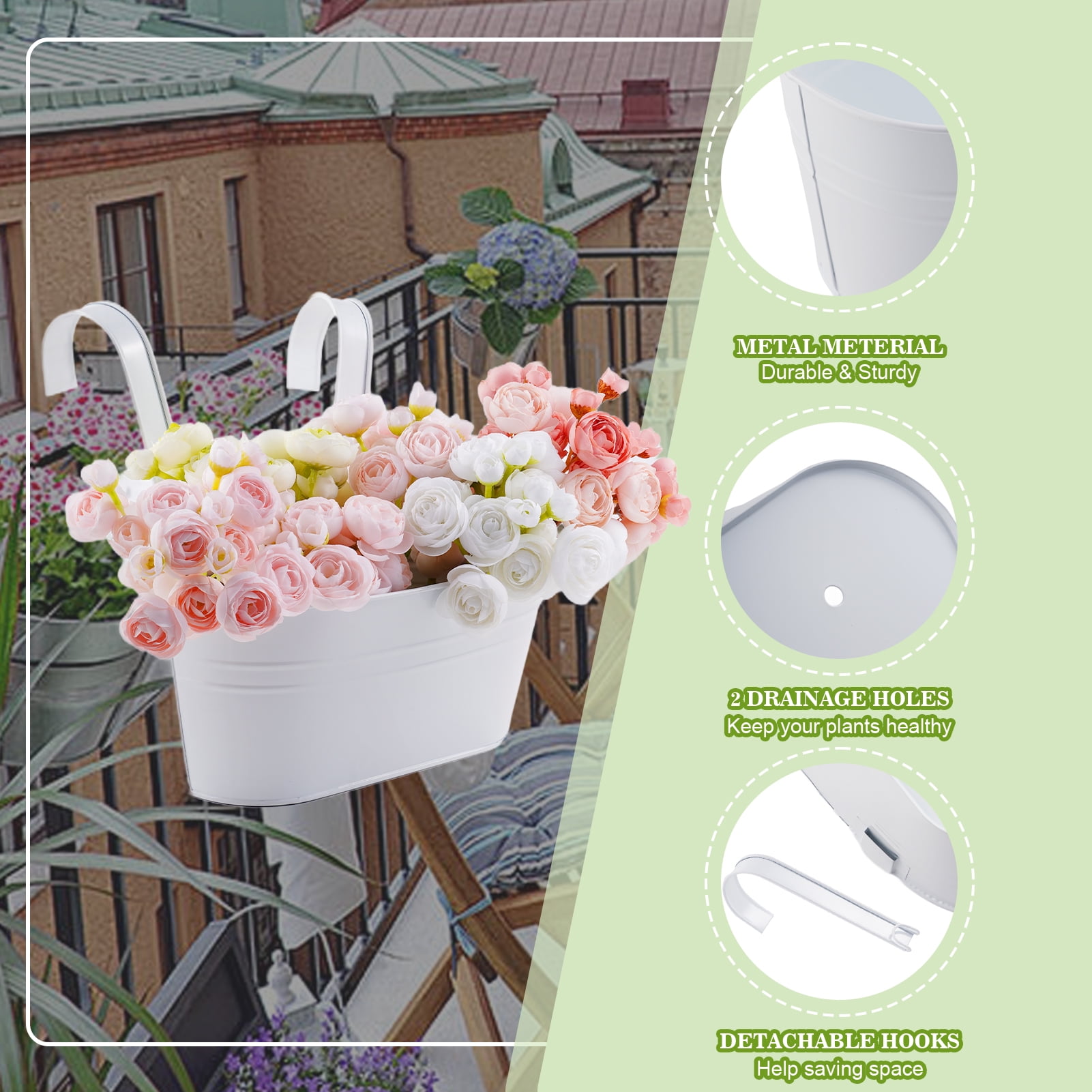 urorentea 3Pcs Metal Hanging Flower Pots for Outdoor Plants, Iron Railing Planter with Detachable Hooks and Drain Holes, Hanging Pots Fence Planters for Railing Garden Fence Balcony (white)