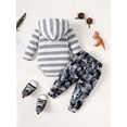thumbnail image 4 of Mikrdoo 3 Months Newborn Baby Boys Outfits Fall Winter 6 Months Boys Pants Sets Stripe Pocket Long Sleeve Hoodies Romper Top Elastic Camouflage Pants 2Pcs Clothing From 0-18M, 4 of 9