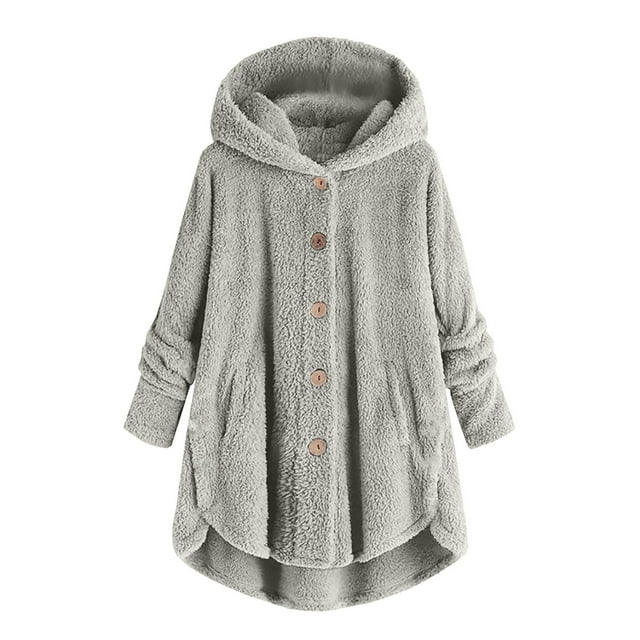 KIHOUT Spring Winter Warm Coat Women Plus Size Button Plush Tops Hooded Loose Cardigan Wool Coat Winter Jacket,Size S-5XL