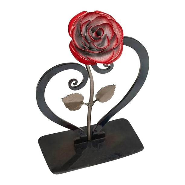 Escultura de metal de rosa roja con soporte en forma de corazón | Rosa de hierro forjado a mano, regalo para San Valentín, aniversario o boda | Decoración para el hogar de 21,5 cm de alto con