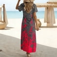 thumbnail image 4 of Pounoo Women's Maxi Dresses V Neck Short Sleeve Dresses Boho Vacation Style Lightweight Breathable Vintage Floral Print Side Slit Loose Fit Dresses Gift, 4 of 7