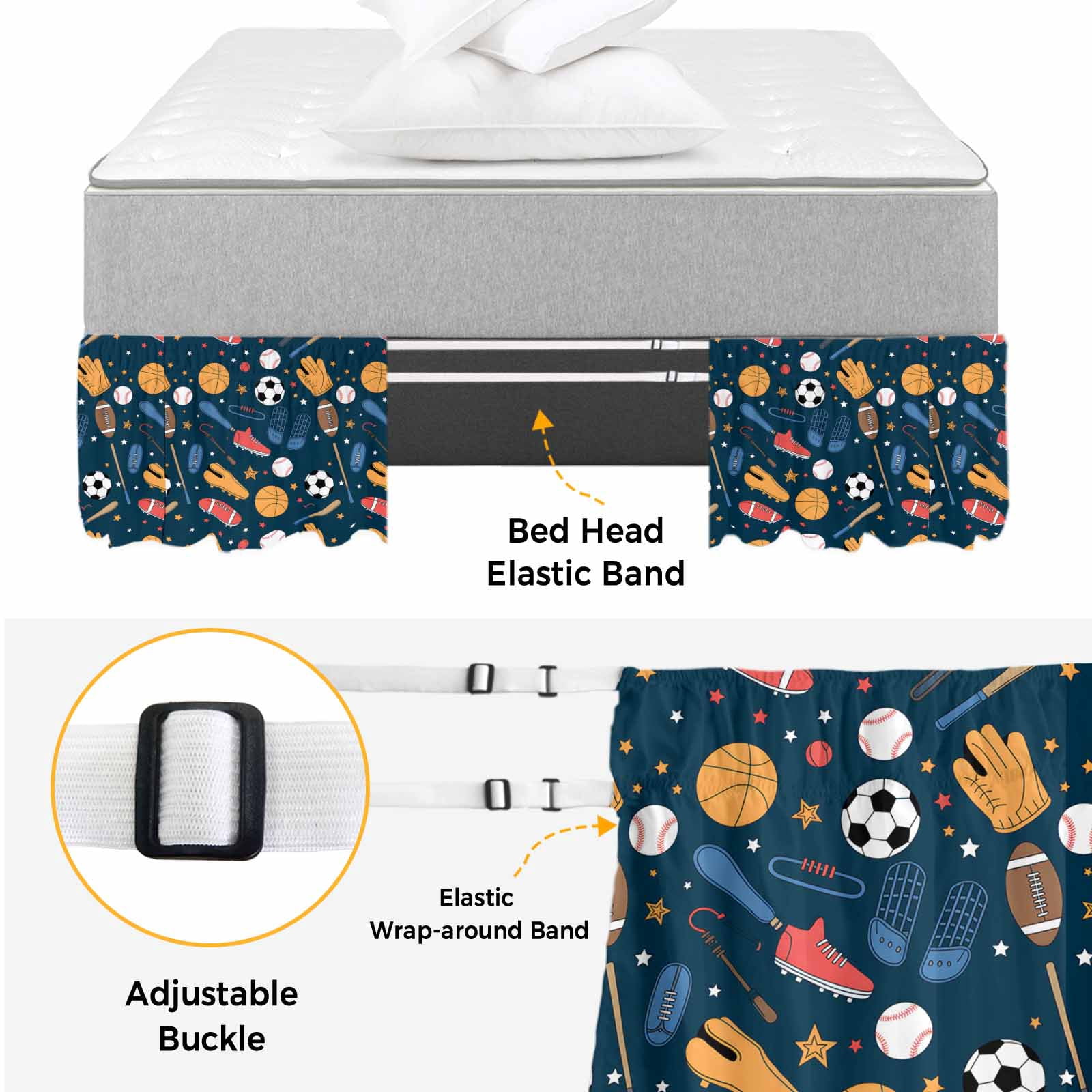 Sports Theme Bed Skirt Queen Size,Cartoon Soccer Baseball Basketball Star Blue Wrap Around Bed Skirting with Adjustable Elastic Strap,Dust Ruffle Pleated Bedskirts 16 Inch Drop for Bedroom Queen Beds