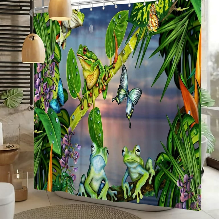 Funny Cute Green Frog Shower Curtains for Kids Cartoon Animals in Jungle  Palm Tree Tropical Forest Shower Curtain Boys Bathroom Decor 72x72 Inch