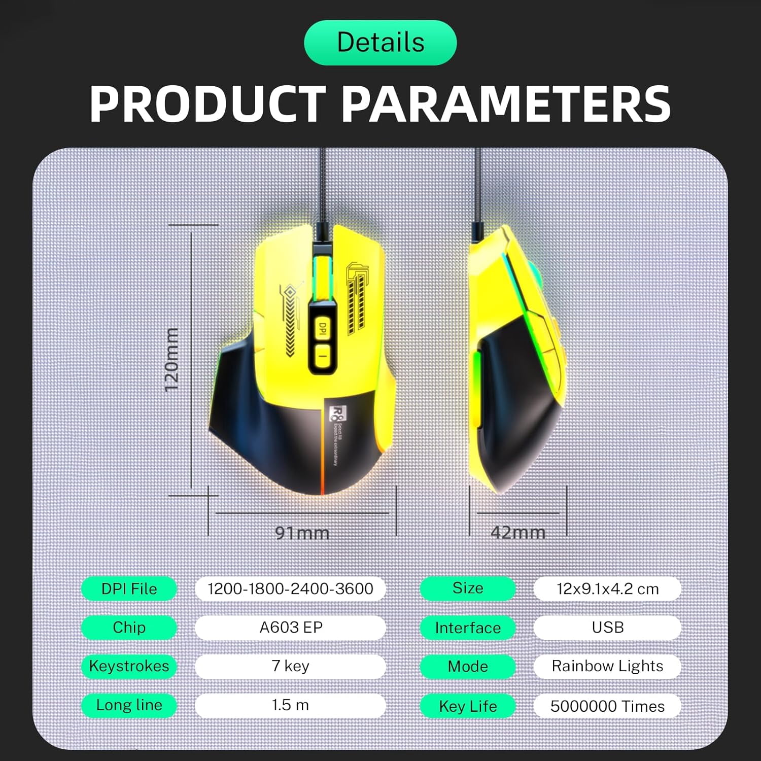 Wired RGB Gaming Mouse, 3600 DPI, 7 Programmable Buttons, Type-C Detachable Cable, Lightweight Silent Ergonomic Mouse for Laptop PC Mac