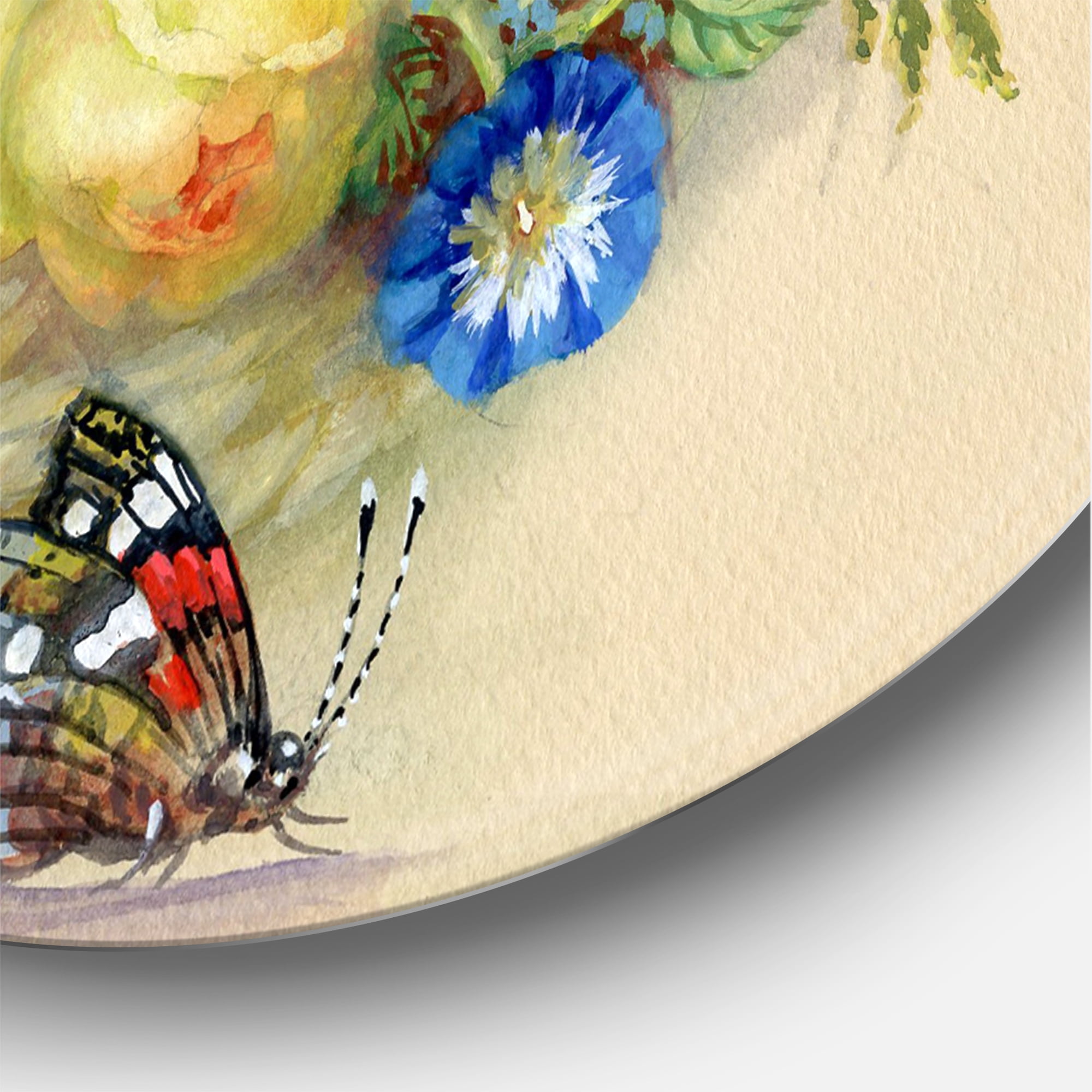 Designart 'Vintage Still Life Of White and Yellow Flowers' Traditional Circle Metal Wall Art 29x29 - Disc of 29