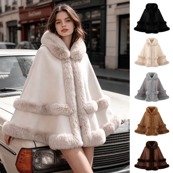 Fewfanhot Hooded Faux Fur Trim Cardigan Wool Blend Poncho Cape, Open Front Layered Warm Wrap Coat for Women Winter