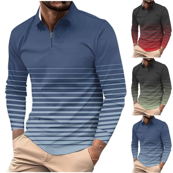 Eltusu Men's Polo Shirts with Collar, Striped Loose Fit Pullover Zipper Long Sleeve Shirts Blue Size S-5XL